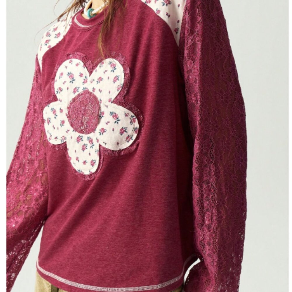Boho Floral Patchwork Top Small Mauve Lace Sleeve Cottagecore Romantic Shirt